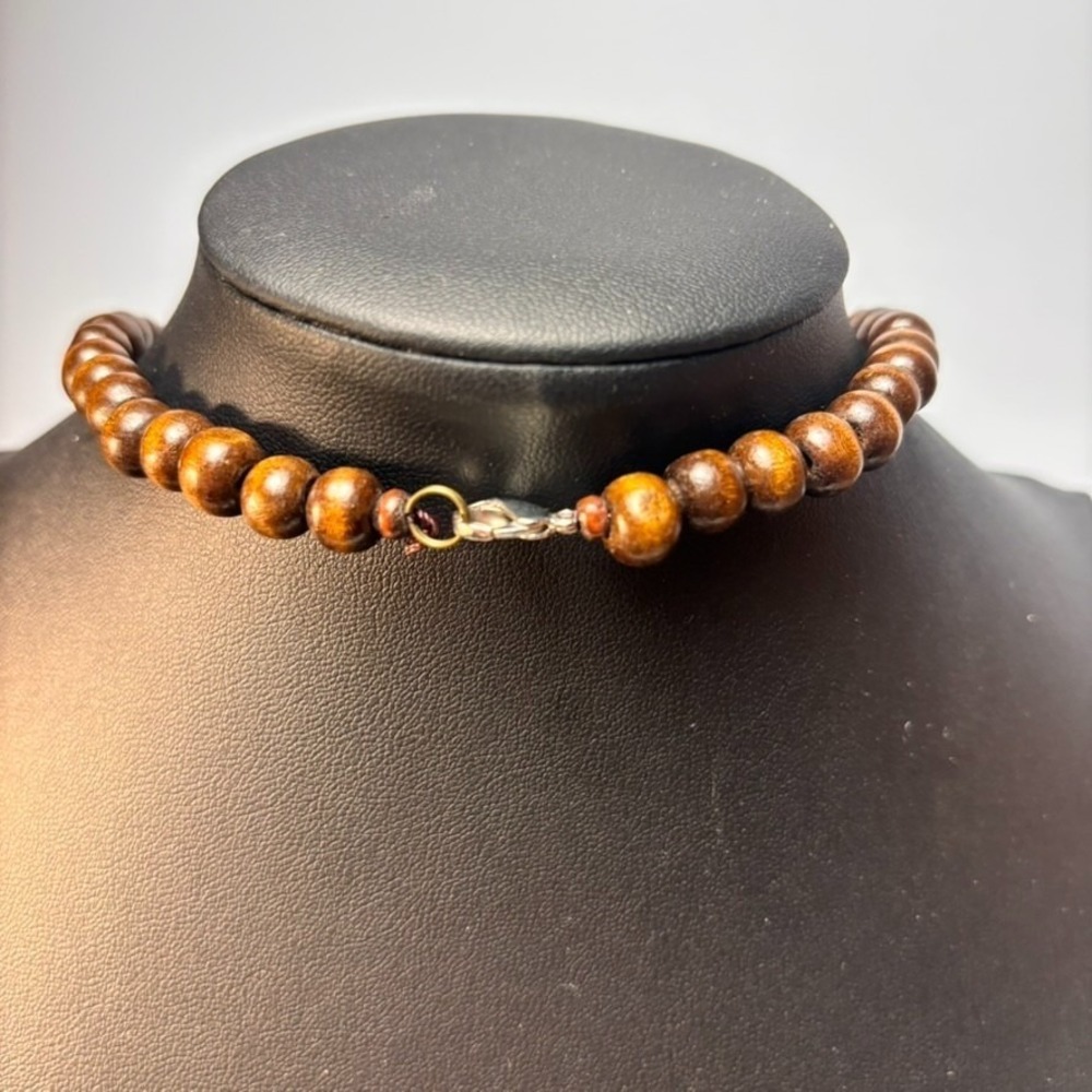 Chunky Vintage Necklace Wood Beads Boho Chunky Blue Resin Pendant - Picture 9 of 10